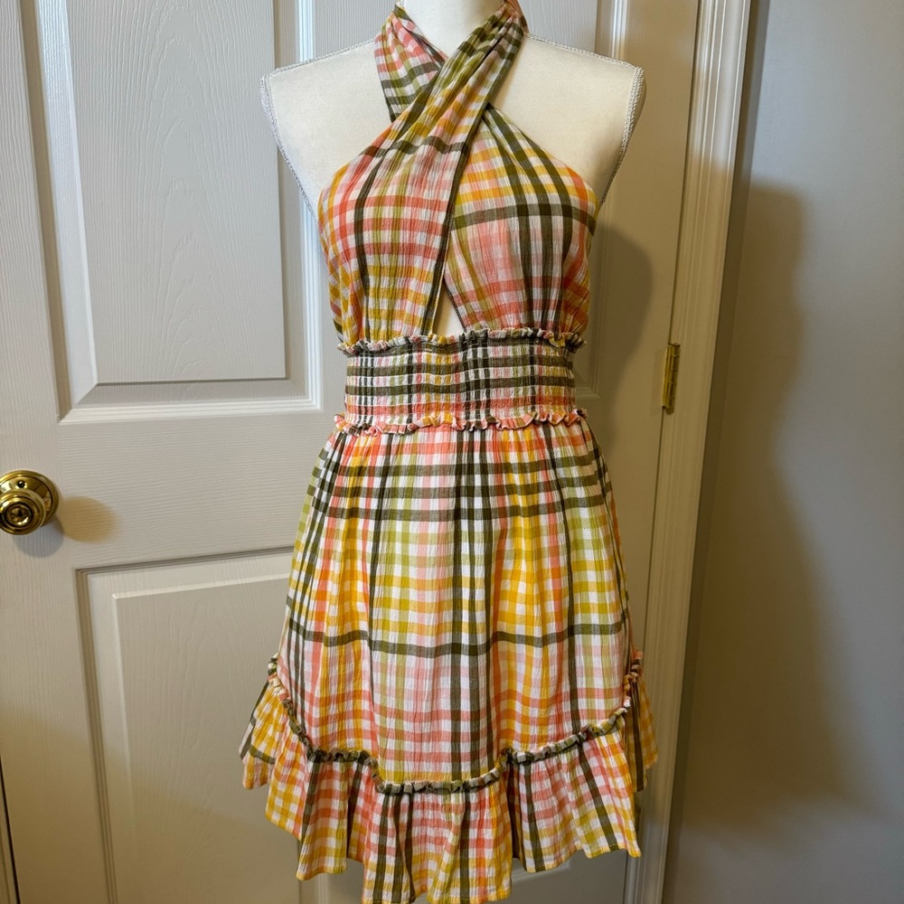 AERIE • Women’s Spring Fling Halter Dress Green & Pink Plaid Size- Small